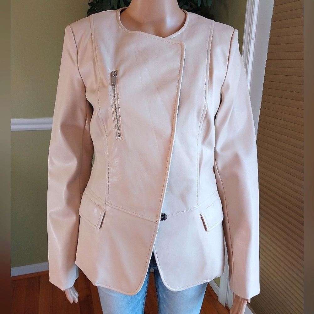 DKNY Asymmetric Collarless Faux Leather Blazer, Size S